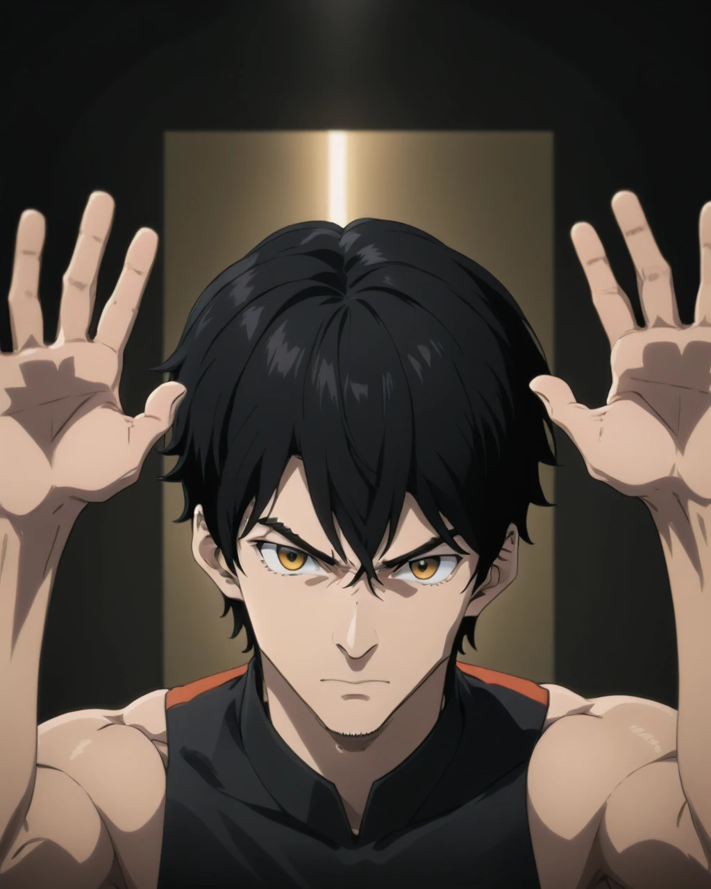 1boy, showing hands, black hair, male focus, masterpiece, best quality,