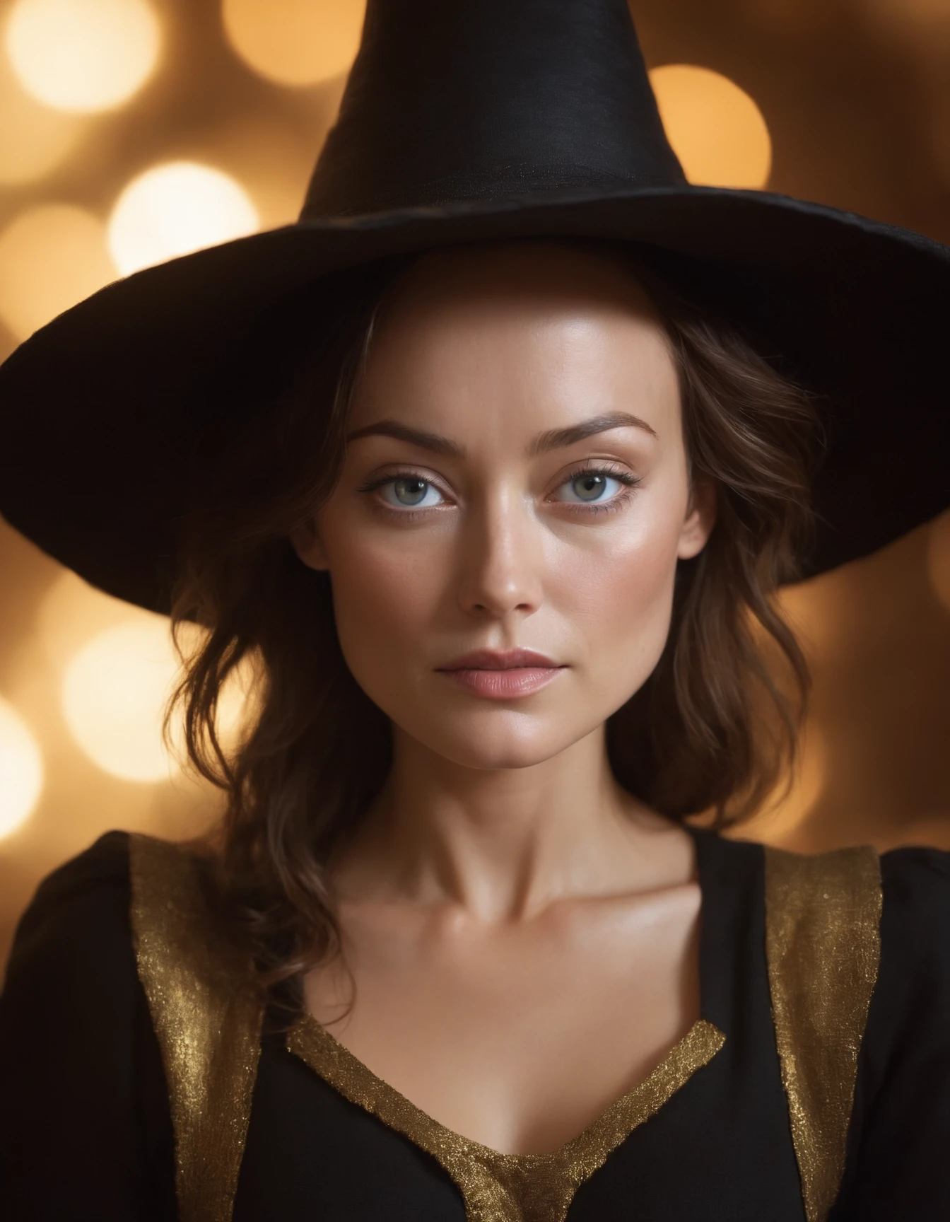 Witch ,Vector,Olivia Wilde  
Ektachrome, Romantic, Realism, flat lighting, gilded technique, DOF, bokeh  David Goldblatt