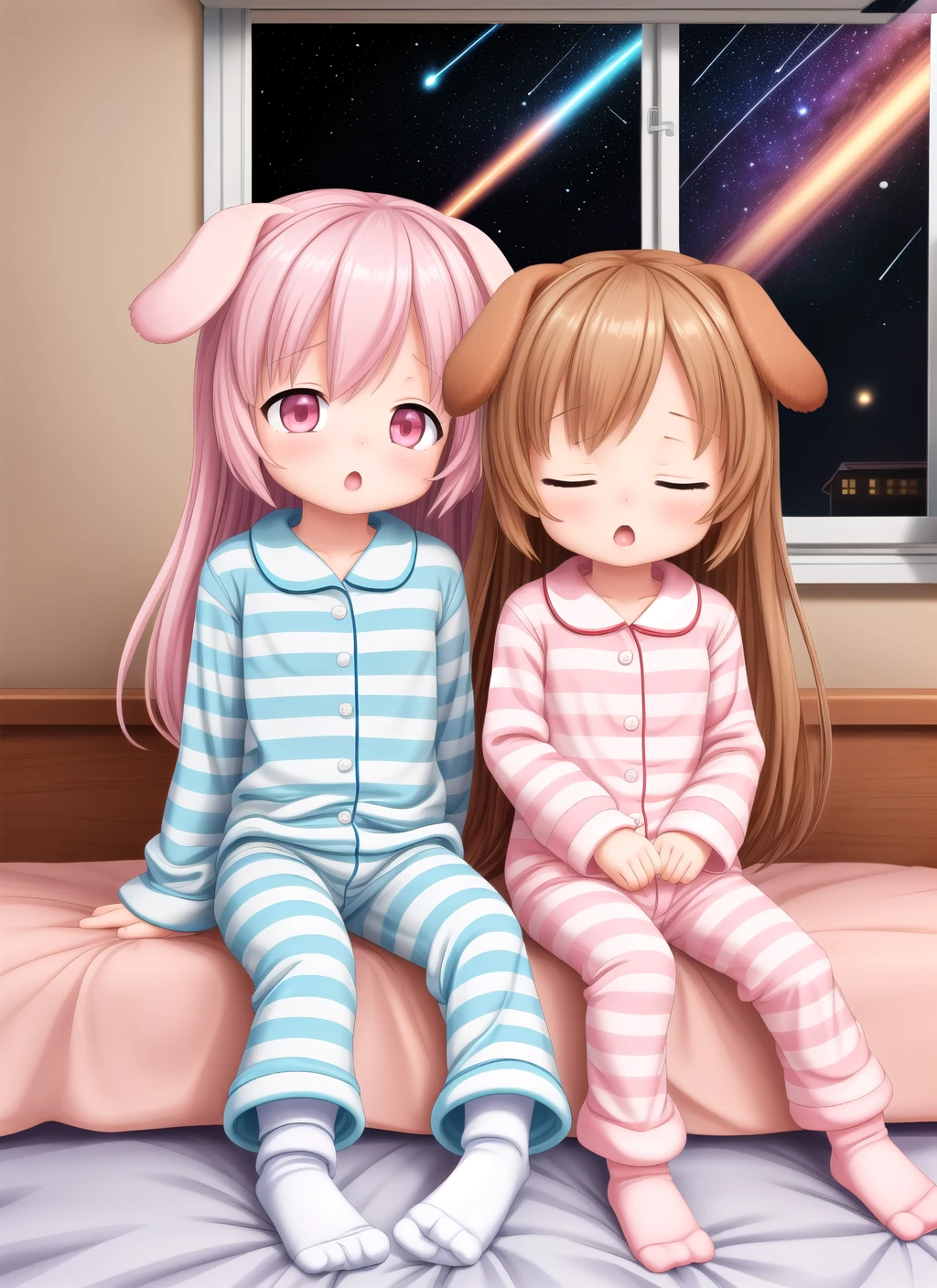 masterpiece,best quality,official art,extremely detailed CG unity 8k wallpaper,full body,wide angle,2girls,long hair,droopy dog ears,sleepy eyes,:o,striped pink blue pajamas and pants onesie,striped socks,sitting,bed,bedroom,window,night,galaxy,saturn,shooting stars