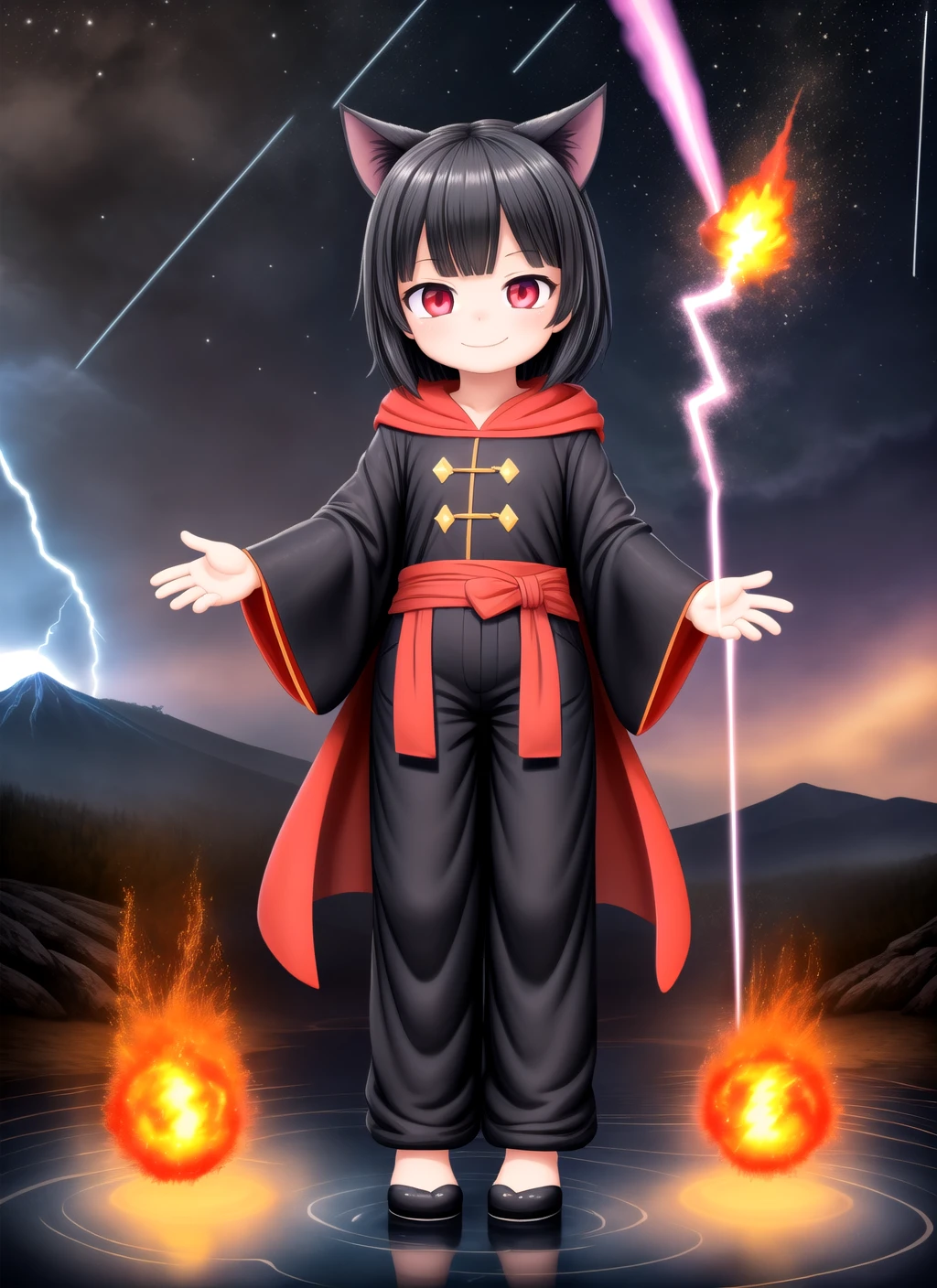 masterpiece,best quality,official art,extremely detailed CG unity 8k wallpaper,wide angle,full body,1girl,short black hair,black cat ears,red eyes,evil smile,black mage robes,baggy pants,casting a magic spell,fireball, flying,volcano erupting,river flowing,stars,galaxy,lightning storm,meteor shower,hdr