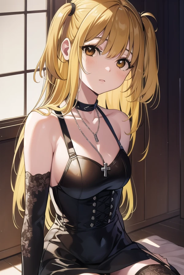misaamane, <lora:misaamane-lora-nochekaiser:1>,
misa amane, long hair, bangs, (brown eyes:1.7), (yellow hair:1.5), blunt bangs, (two side up:1.5), red lips, lipstick,
BREAK thighhighs, dress, jewelry, collarbone, boots, detached sleeves, choker, black thighhighs, necklace, black footwear, black dress, sleeveless dress, garter straps, black choker, short dress, floral print, cross, red nails, cross necklace,
BREAK looking at viewer,
BREAK indoors,
BREAK <lyco:GoodHands-beta2:1>, (masterpiece:1.2), best quality, high resolution, unity 8k wallpaper, (illustration:0.8), (beautiful detailed eyes:1.6), extremely detailed face, perfect lighting, extremely detailed CG, (perfect hands, perfect anatomy),