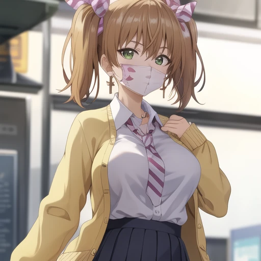 (masterpiece, best quality:1.2),illustration,8k,hd,1girl,solo,facing viewer,earrings,jewelry,green eyes,shirt,cross earrings,cross,collared shirt,jacket,mouth mask,hair between eyes,bangs,white shirt,ribbon,bow,green jacket,striped,hair ribbon,brown hair,school uniform,cardigan,twintails,pleated skirt,striped necktie,white pantyhose,<lora:Wakakusa Moena-V1:0.6>,