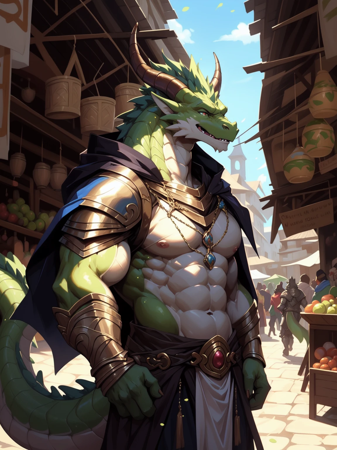 (masterpiece, best quality, hi res, extreme detail, detailed background:1.4), impasto, masterpieces, official art, anthro, lime green body, dragon, horn, tail, male, standing, muscle, strong, mane, nude, penis, big penis, testicles, detailed eyes, upper body, (bust portrait), noon, bazaar, masses, Medieval town, light particles, yupa, nipples, sexy