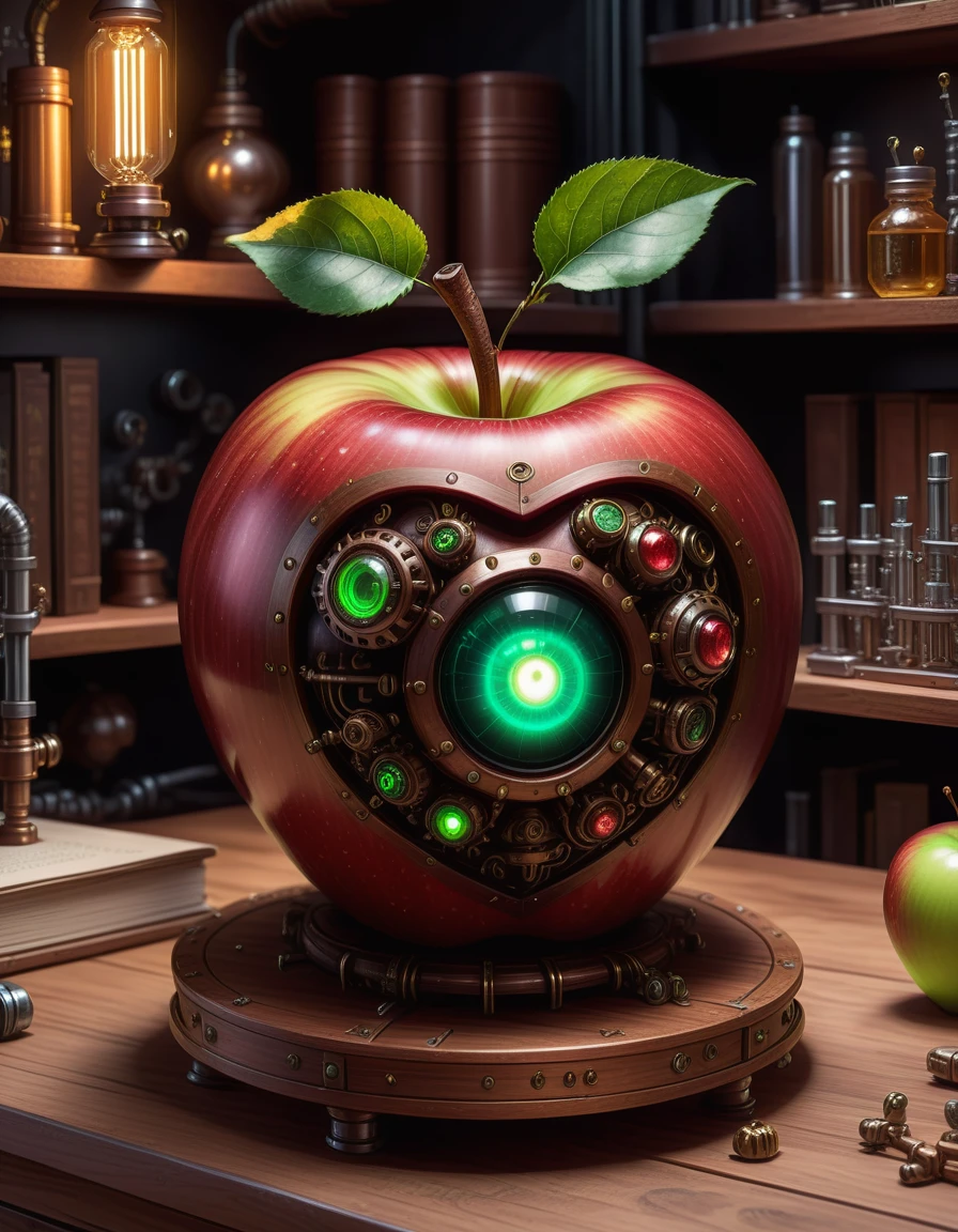 a steampunk mechanical apple, sitting on a laboratory's shelf, 8k, highly detailed, elegant, dark shadows, magical, fantasy, (glowing internally:1.1) circuits, glowing gears