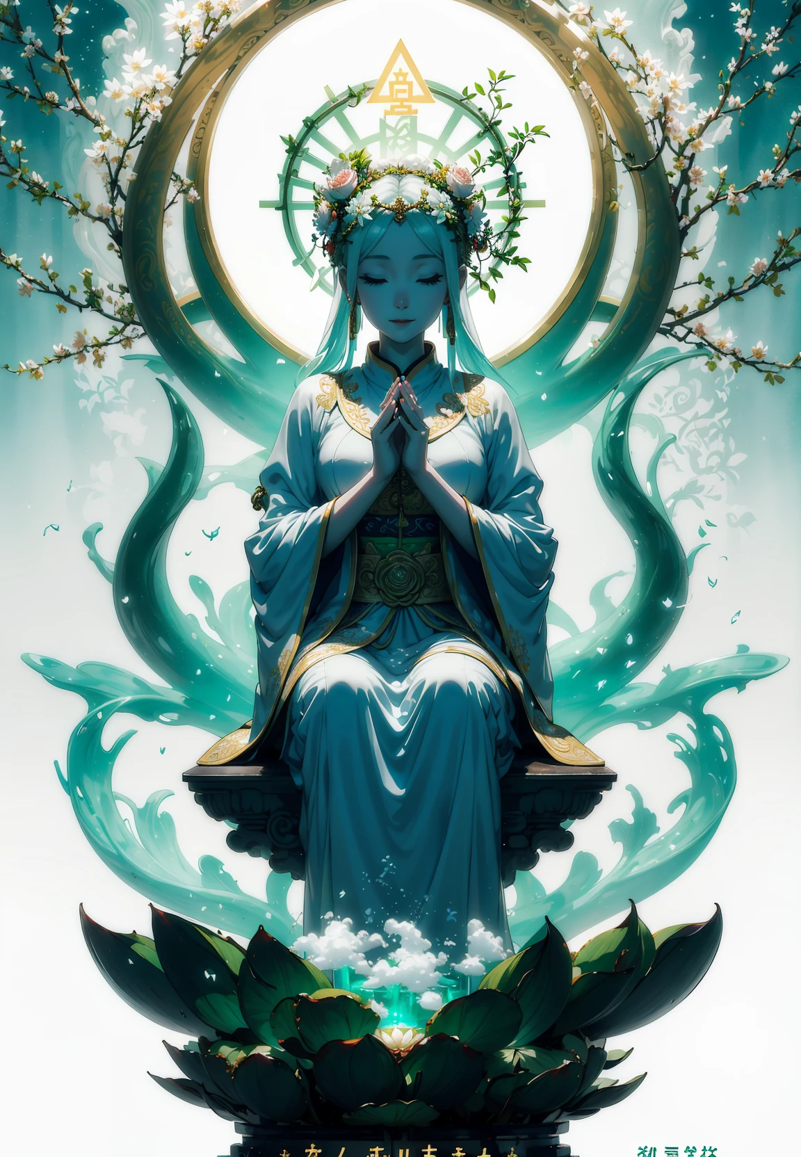 dreamy, serene, white and green:1.2),
(full body, sitting, Guanyin with jade bottle:1.1),(praying hands),(blessing),(smiling),(compassionate),
(lotus throne, floating, below Guanyin:1.2),
(lotus flowers, branches),
(dry ice, fog, below:1.1),
(from front),(medium shot),
As she sits on a floating lotus throne, Guanyin holds a jade bottle and makes a praying gesture. She smiles and blesses the world with her compassion. Behind her, lotus flowers and branches surround her, creating a natural and peaceful backdrop. Below her, dry ice forms a fog that adds to the dreamy atmosphere. The main colors are white and green, creating a pure and harmonious mood.
(magazine:1.3), (cover-style:1.3), fashionable, woman, vibrant, outfit, posing, front, colorful, dynamic, background, elements, confident, expression, holding, statement, accessory, majestic, coiled, around, touch, scene, text, cover, bold, attention-grabbing, title, stylish, font, catchy, headline, larger, striking, modern, trendy, focus, fashion,, baisixuegao,white pantyhose,, masterpiece, best quality, lens flare, depth of field, motion blur, (backlighting, Backlight:1.1),  grating,raster,(Light through hair:1.2),from side,