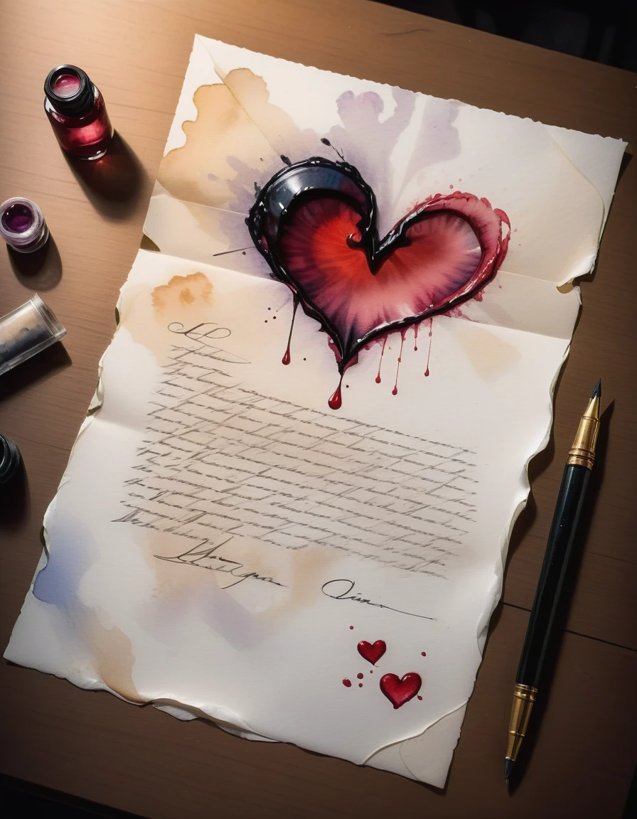A handwritten love letter with smudged ink and tear stains, Front view, time synthesis, watercolor painting, 64K, high resolution, sitting on a desk in the dark