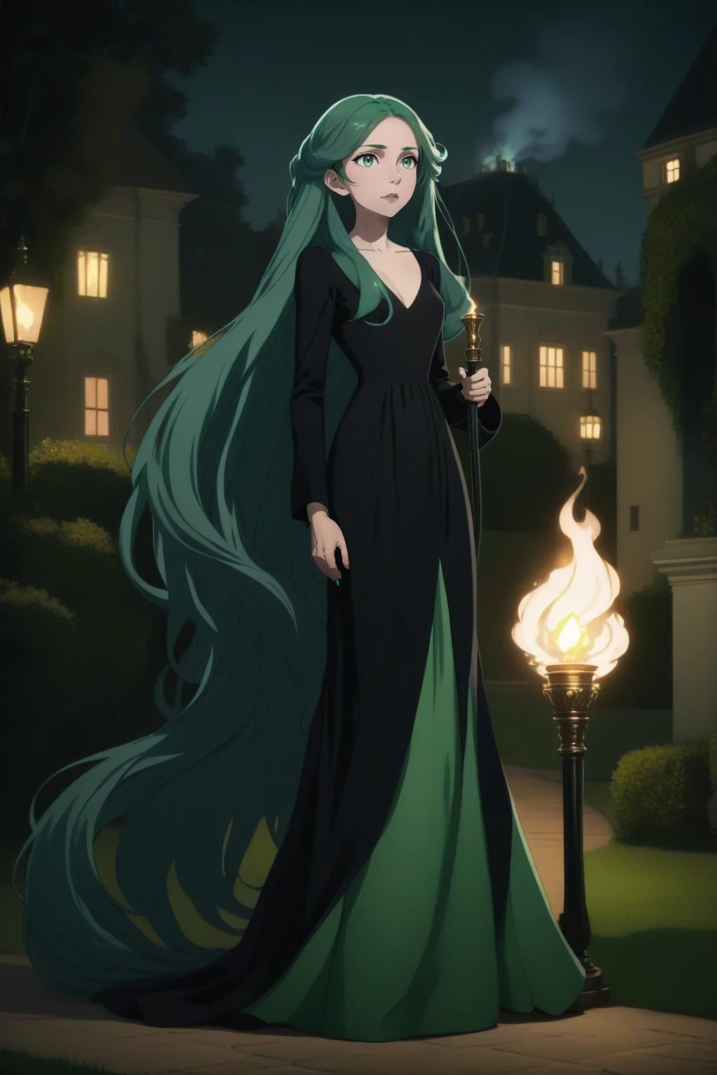 1girl, long black dress, very long green hair, stanging , full body, evening, torch lights, manor house background, masterpiece, best quality,