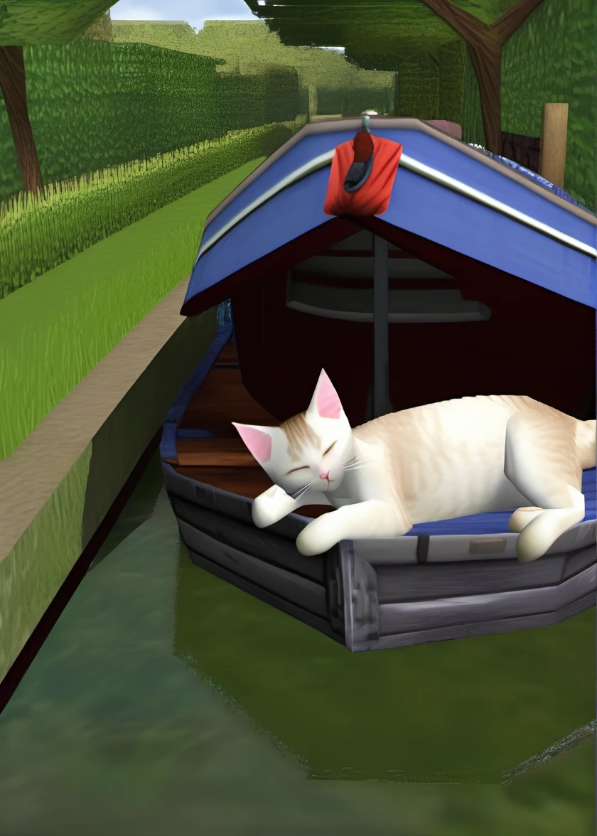 sleeping curled up kitten, canal boat, oxford canal pathway, (ps1 style:1),  <lora:ps1_style_SDXL_v1:1>, (game screenshot), (computer generated image)