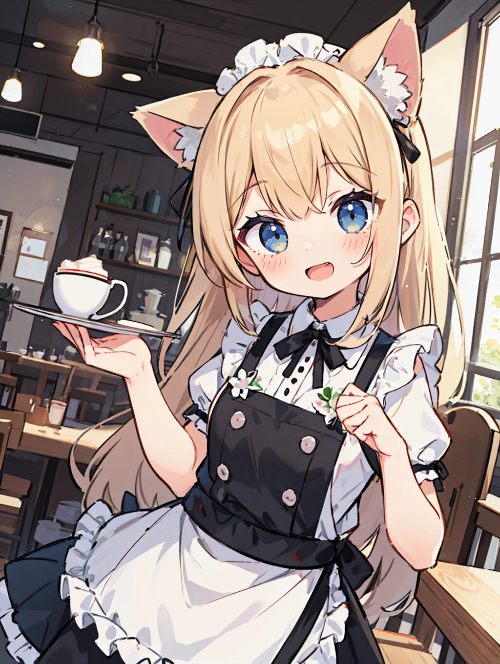 best quality, (kawaii:1.1), (cute), (high resolution:1.2), incredibly absurdres:1.3, incredibly fine illustration
BREAK
1girl, solo, cafe waitress, blond hair, apron, (large black ribbon:1.2), cat ear, smirk, open mouth, (dynamic angle:1.2), (kawaii illustration:1.2)
BREAK
(kawaii cafe:1.1)