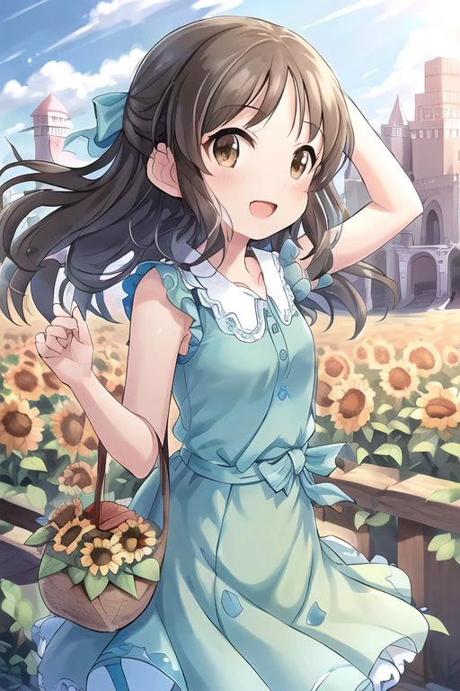 arslgic, 1girl, solo, brown hair, brown eyes, long hair,
outdoors, sunflower, day, :d, looking at viewer, cloud, blush, blue sky, petals, arm up, flower field, standing, basket, castle, tower
<lora:arisu-outfits-v1.6:0.7>