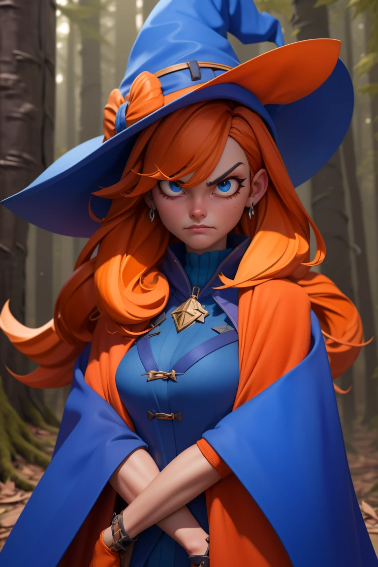 3dmm style,(masterpiece),masterpiece, best quality, angry female witch in the forest with arms crossed wearing a blue pointy hat and orange hair and a blue cape and blue cloak