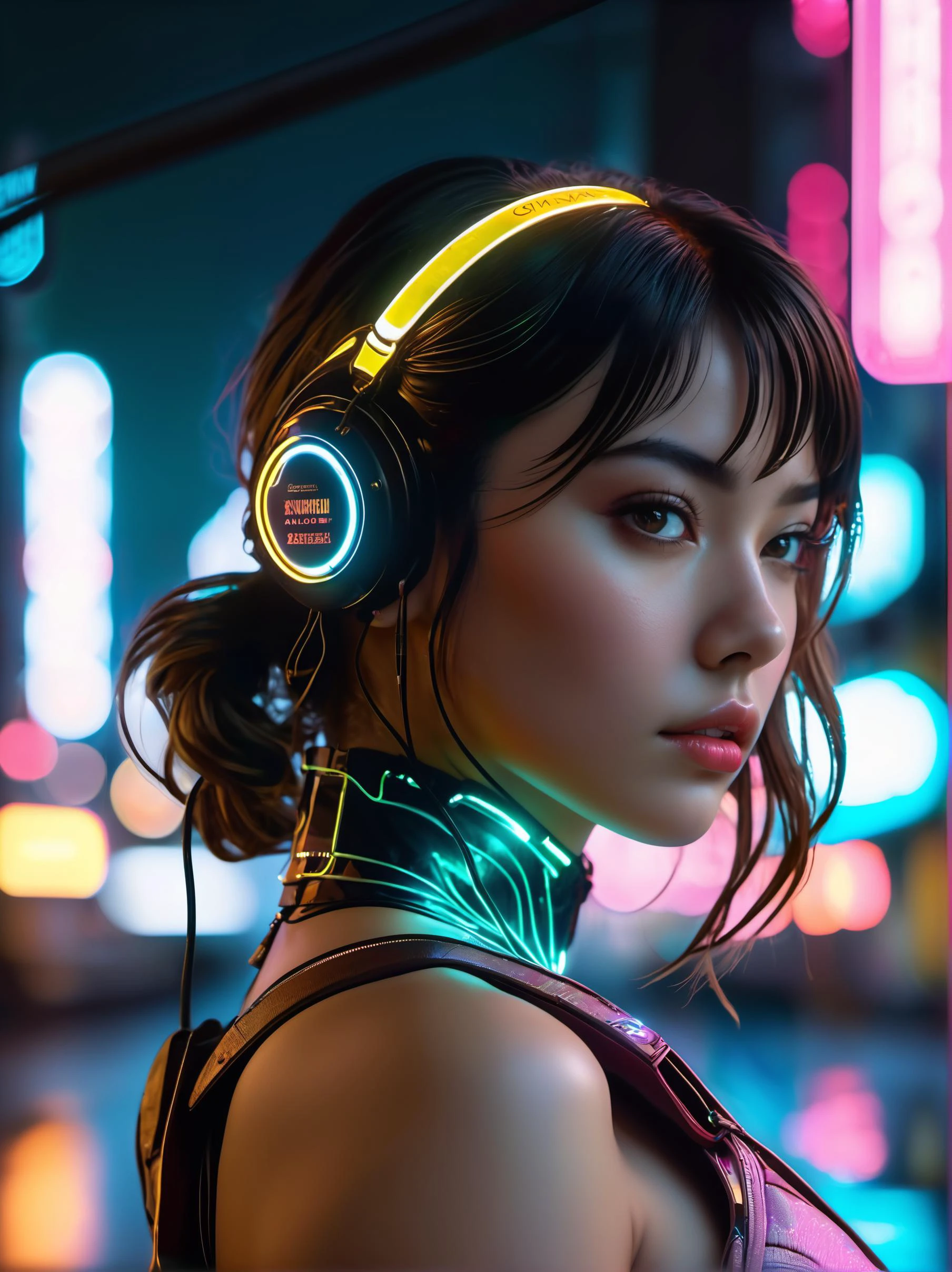 cyberpunk girl, glowing wires, dark city, reflective puddles, neon signs,, Photorealistic, Hyperrealistic, Hyperdetailed, analog style, soft lighting, subsurface scattering, realistic, heavy shadow, masterpiece, best quality, ultra realistic, 8k, golden ratio, Intricate, High Detail, film photography, soft focus, RAW candid cinema, 16mm, color graded portra 400 film, remarkable color, ultra realistic,