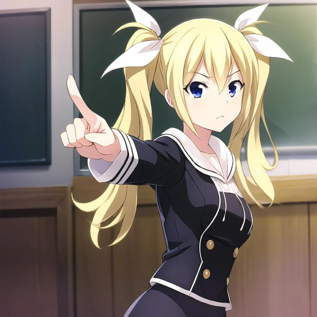 masterpiece, best quality, highres, Arimura, 1girl, solo, blonde hair, blue eyes, collarbone, twintails, school uniform, hair ribbon, white ribbon, objection, ace attorney, pointing