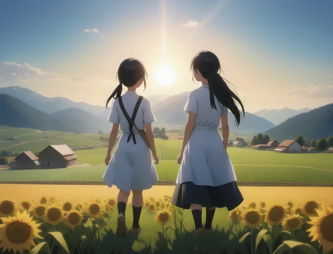 beautiful scenery, fields, farm, moutains, sun, multiple girls, masterpiece, best quality,
