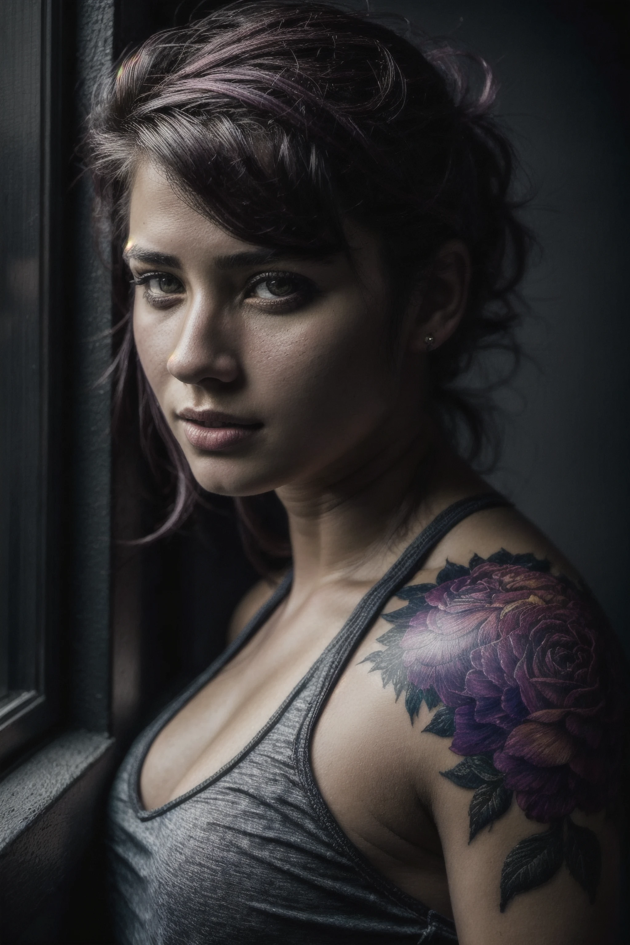 portrait a girl with a dragon tattoo on her arm, vivid colours, HDR, hard shadows, art photography, soft focus, masterpiece, breathtaking, atmospheric perspective, diffusion, pore correlation, skin imperfections, 80mm Sigma f2, depth of field, intricate natural lighting <lora:add_detail:1>