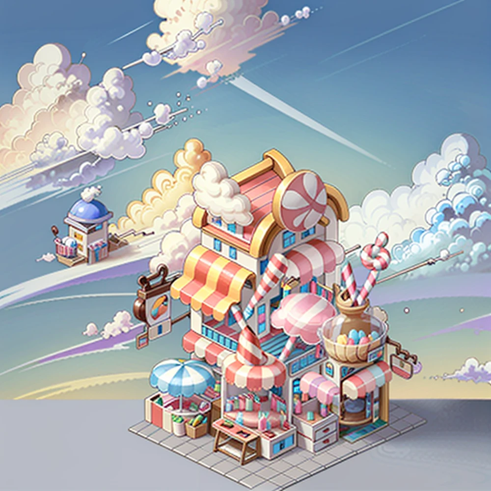 game icon institute, game icon, Qjianzhu,kiosk cute candy store clouds colorful white background <lora:game icon institute_Qjianzhu_1:1>