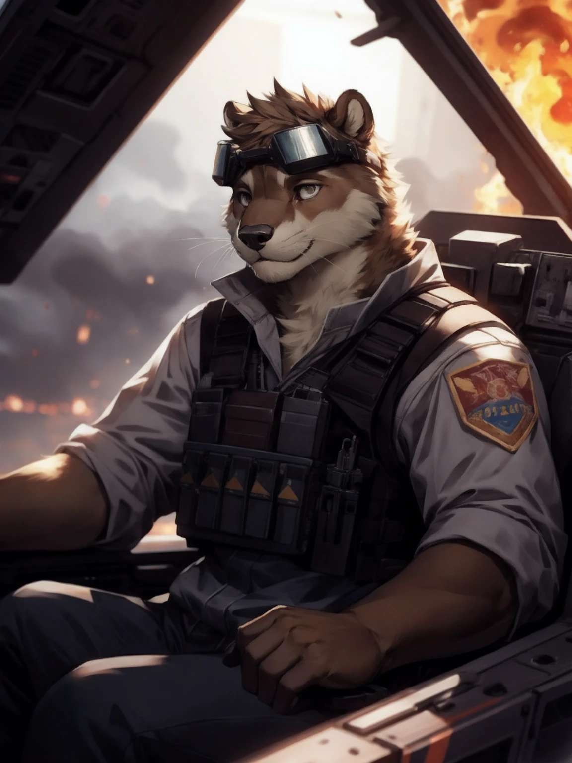 furry otter, brown fur, pilot, sitting in cockpit, battle, wearing large flight goggles, transparent goggles, fire, smoke, bulletproof vest, glass, <|startoftext|> anime, movie scene style, scenic, extremely detailed, expressive, dramatic light, epic setting, very detailed, light against darkness, photography, hyper realistic, moody, cinema lighting, intricate detail, depth of field, bokeh