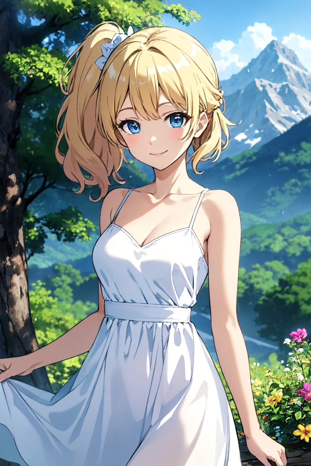 (masterpiece, best quality), cute,
medium hair, blonde hair, wavy hair, side ponytail, blue eyes, dress, bare shoulders, medium breasts, smile,
(forest:0.8), mountain, depth of field,