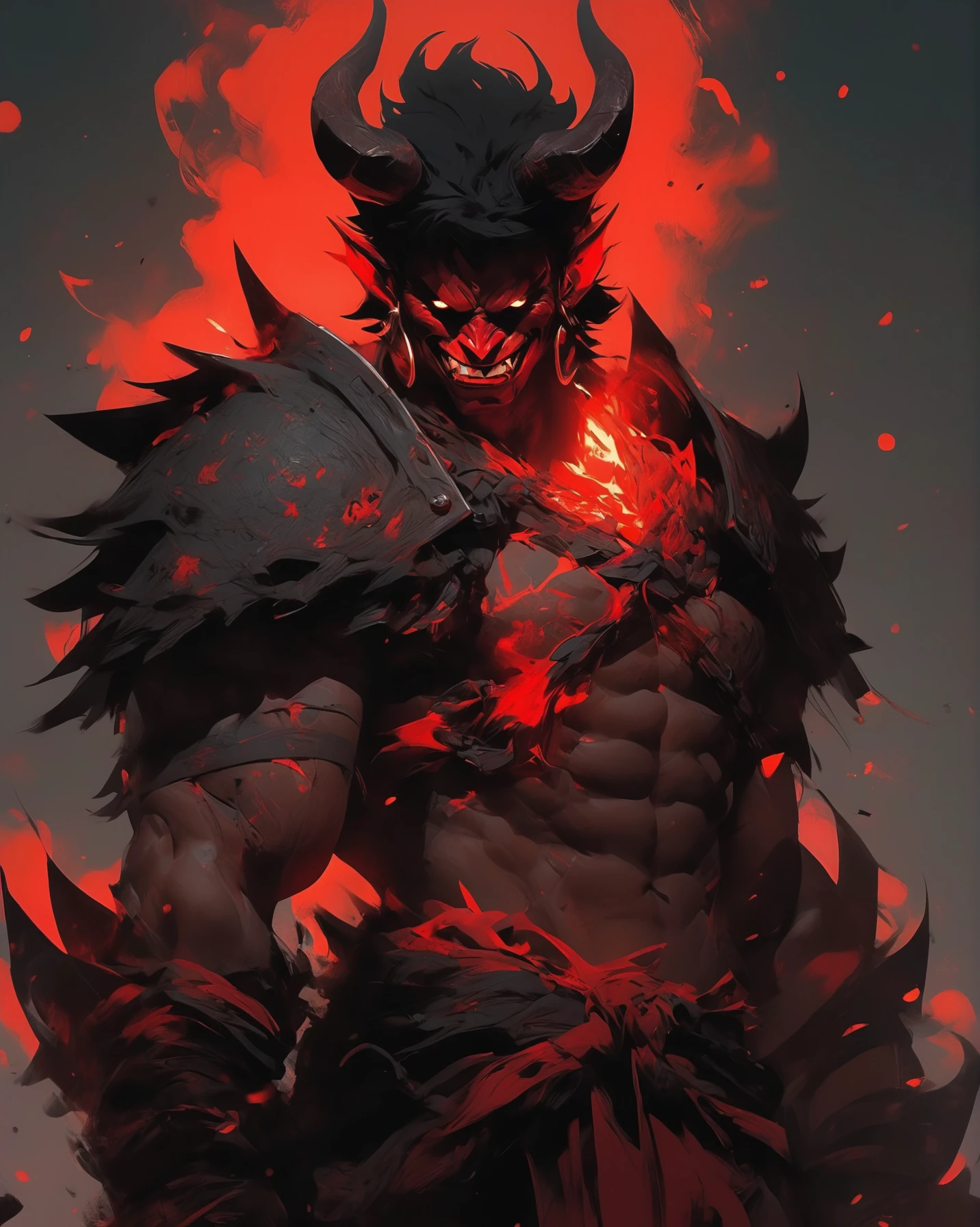 full body portrait of a devil warrior boy, evil smile, big eyes, expression of anger, war paint, full red and black colors, red aura, 2d art cover, official fanart behance hd artstation by jesper ejsing, by rhads, makoto shinkai and lois van baarle, ilya kuvshinov, rossdraws, masterpiece, smooth render, unreal engine 5 rendered, octane rendered, cel shaded, ray tracing, dark studio, rim lighting, two tone lighting, dimly lit, low key, anime key visual, high contrast, masterpiece