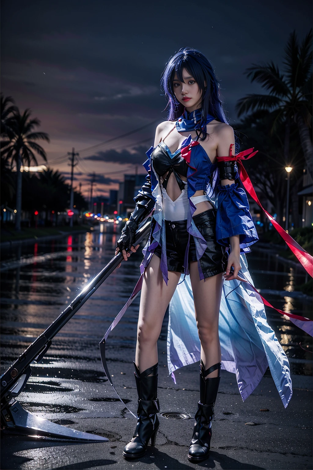 best quality, masterpiece, realistic, (photorealistic:1.4), 1girl, solo, full body, seele cosplay costume, cosplay, purple hair, bare shoulders, detached sleeves, gloves, boots, holding huge weapon, scythe, standing, looking at viewer, detailed background, outdoors, night, <lora:seela_cosplay_costume_v1:0.7>