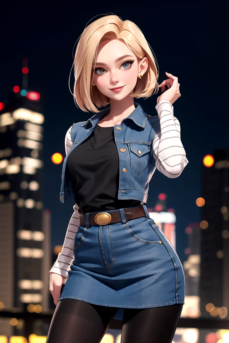 centered, award winning upper body portrait, cowboy shot, (looking at viewer:1.2), | solo, standing, smile, Android_18_DB, denim skirt, pantyhose, | city, urban scenery, city lights, | bokeh, depth of field, cinematic composition, | dynamic pose, <lora:Android_18_DB:0.6>