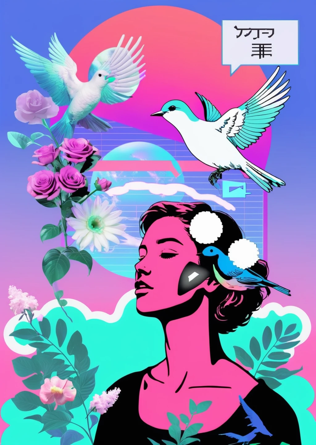 a woman with flowers in her hand and a bird flying above her and a message that reads : 'VAPOR-GRAPHIC', <lora:vapor_graphic_sdxl:0.6> , vaporwave, vapor_graphic