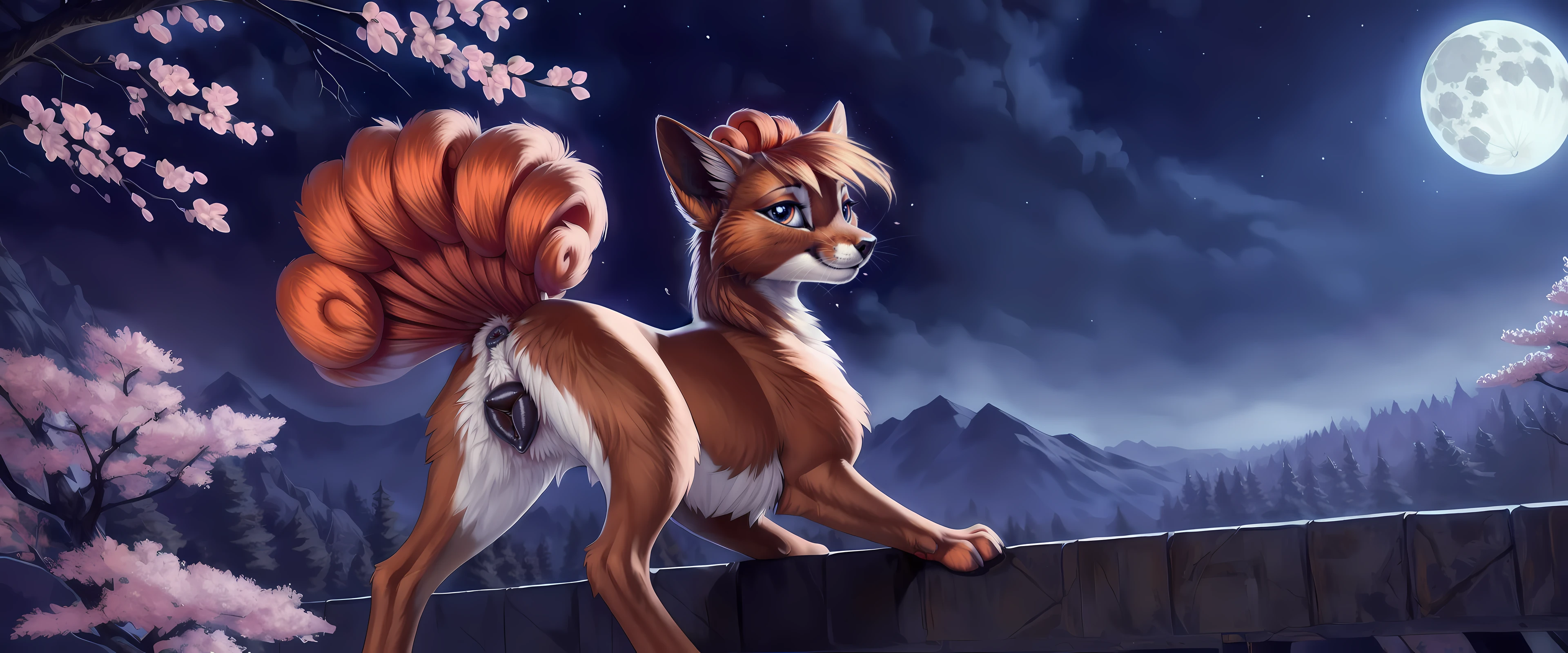 ((solo)), vulpix, feral, female, looking at viewer cherry blossom, night, [best quality, shaded, extreme detail, highly detailed, ultradetailed, intricate, realistic], detailed background, by Enki Bilal, by wolfy-nail, by Michael & Inessa Garmash, Ruan Jia, by drmax, happy