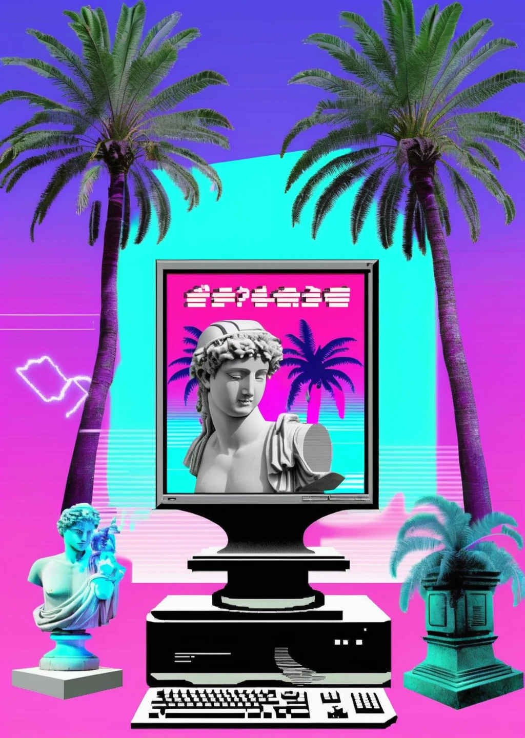 a computer and a statue with palm trees in the background and a message that reads : VAPOR-GRAPHIC',   <lora:vapor_graphic_sdxl:0.6> , vaporwave, vapor_graphic