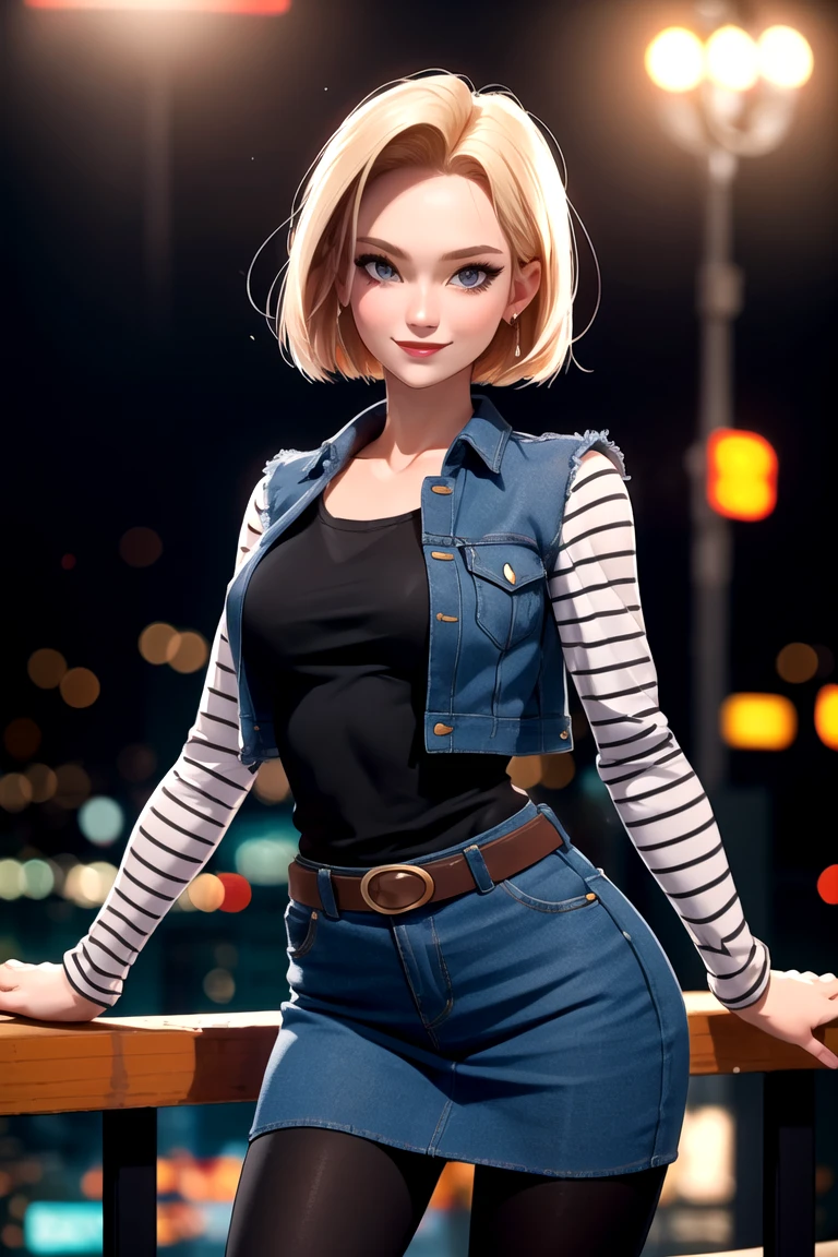 centered, award winning upper body portrait, cowboy shot, (looking at viewer:1.2), | solo, standing, smile, Android_18_DB, denim skirt, pantyhose, | city, urban scenery, city lights, | bokeh, depth of field, cinematic composition, | dynamic pose, <lora:Android_18_DB:0.6>