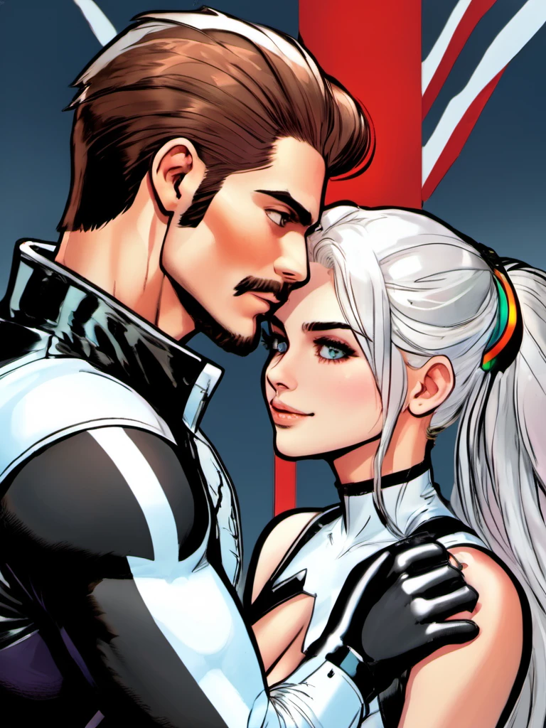 (highres:1.1), best quality, (masterpiece:1.3), (high detail:1.2), JoeMad Style, 1girl, long hair, brown hair, gloves, 1boy, white hair, hetero, multicolored hair, two-tone hair, bodysuit, headband, facial hair, cover, couple, cover page, eye contact, stubble, trench coat, Comic Book Art, <lora:Dusk_XL_JoeMadStyle_dadapt_cos_1e-7:1>