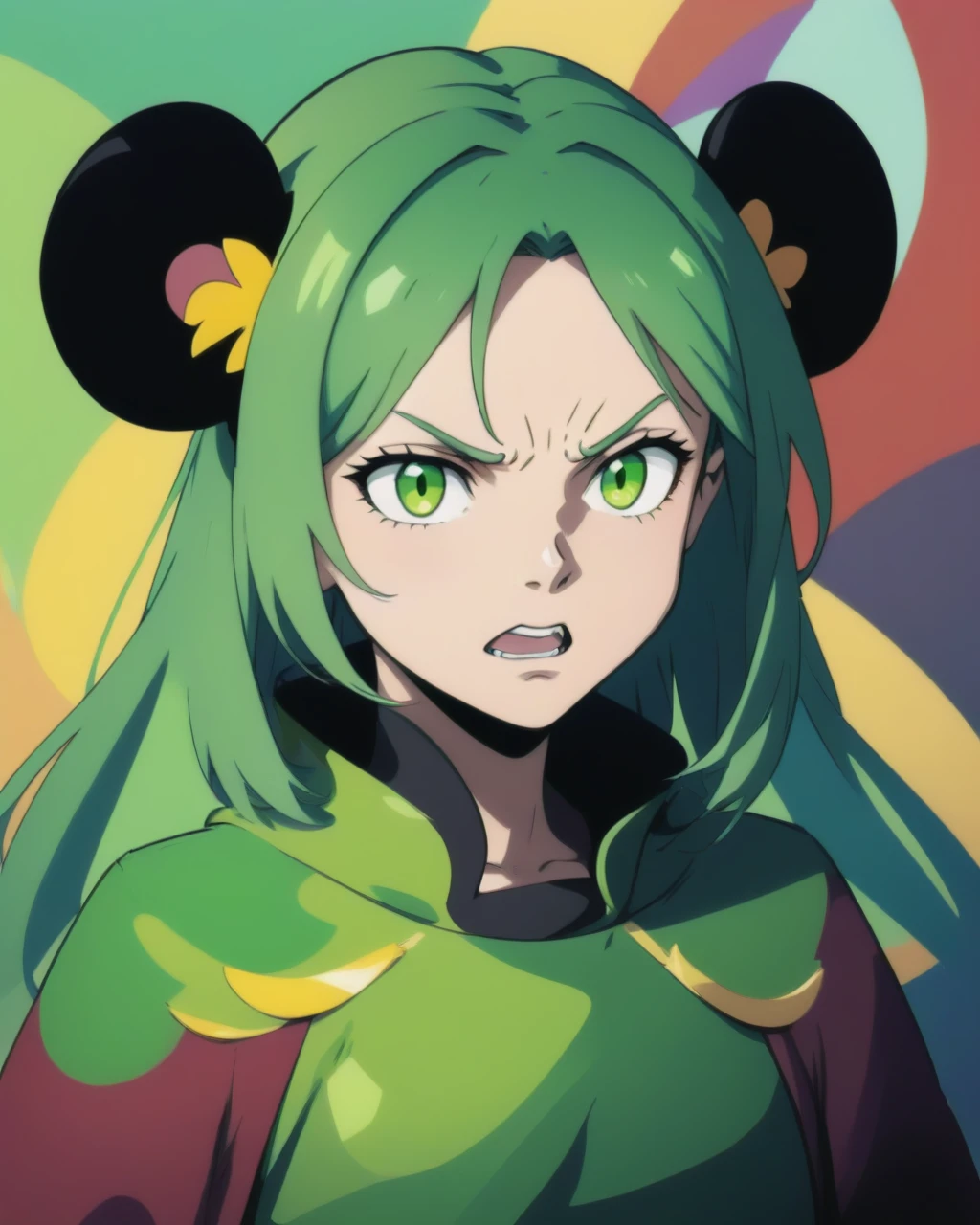 1girl, fractals, scales, colorful, flat green color, abstract background, multicolored hair, upper body, angry, mouse ears, looking at viewer, painting style, masterpiece, best quality,