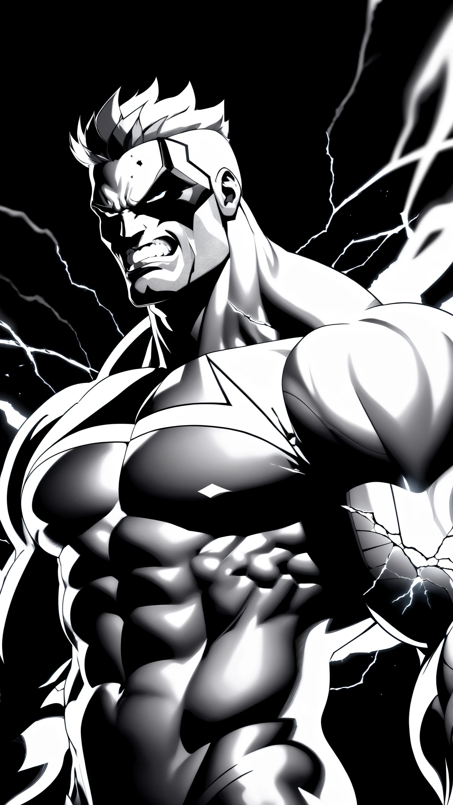 Giga chad, gigachad \(meme\), gigachad meme, muscular sigma man, rage face, craked skin, realistic, fury face, cracked space and time, black and white, glowing body, god body, photorealistic, close up, chaos energy, in an endless cycle, insanity