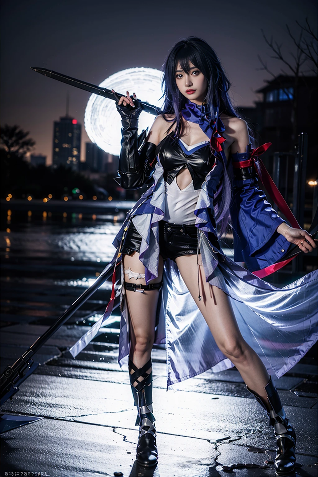 best quality, masterpiece, realistic, (photorealistic:1.4), 1girl, solo, full body, seele cosplay costume, cosplay, purple hair, bare shoulders, detached sleeves, gloves, boots, holding huge weapon, scythe, standing, looking at viewer, detailed background, outdoors, night, <lora:seela_cosplay_costume_v1:0.7>