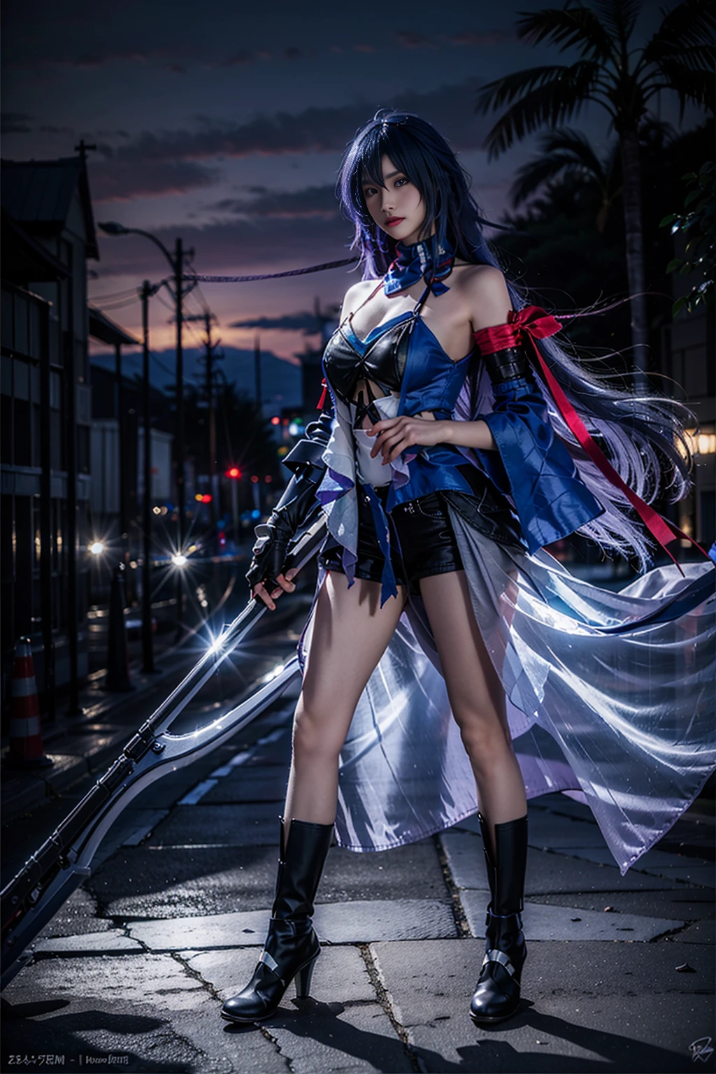 best quality, masterpiece, realistic, (photorealistic:1.4), 1girl, solo, full body, seele cosplay costume, cosplay, purple hair, bare shoulders, detached sleeves, gloves, boots, holding huge weapon, scythe, standing, looking at viewer, detailed background, outdoors, night, <lora:seela_cosplay_costume_v1:0.7>