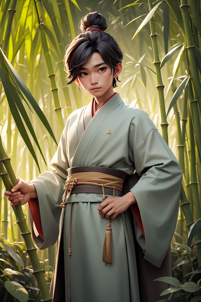 (4k, best quality, highres:1.1), (masterpiece:1.1), detailed eyes, looking at viewer, hanfu, (1boy:1.3), male_focus, chinese_clothes, solo, wide_sleeves, long_sleeves, topknot, robe, stand,looking_at_viewer, bamboo forest background , <lora:shuV2:0.4>,