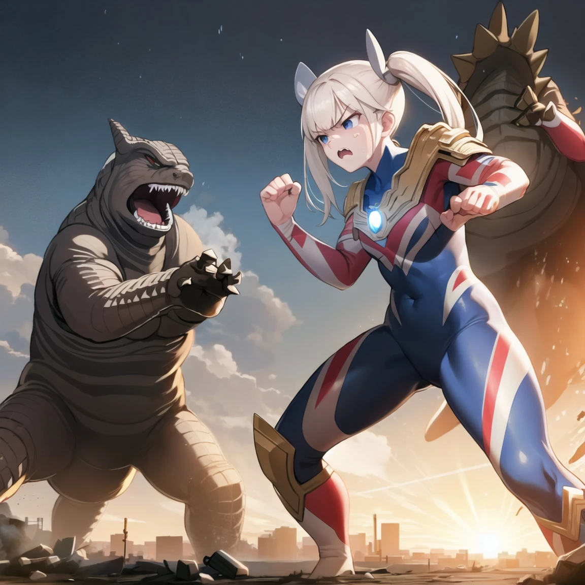 extremely detailed CG unreal engine 8k, best quality, 1girl, from side, beautiful detailed 1 young girl, (Ultragirl:1.2), ultraman bodysuit, full body, (angry face :1.2), twintail, fighting stance, Godzilla (attacking :1.2), (battle, combat, fighting), looking at another, detailed (ruined buildings) behind, outside, ((dynamic), detailed fingers, detailed hands, detailed face), all intricate, (Rampage :1.0)
<lora:Ultragirl_LoRA-Civ-000004:1.2> <lora:GTSv5:0.8>