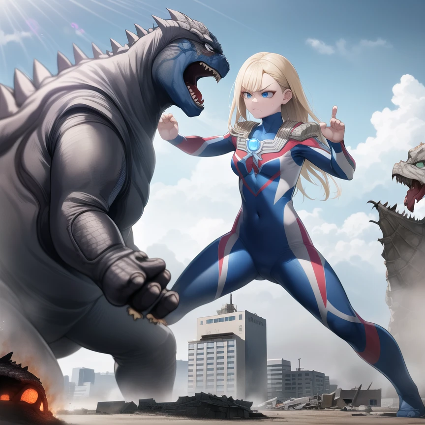 extremely detailed CG unreal engine 8k, best quality, 1girl, beautiful detailed 1 young girl, (Ultragirl:1.2), ultraman bodysuit, full body, (serious, determined face :1.2), fighting stance, Godzilla (attacking :1.2), (battle, combat, fighting), (looking at another :1.2), detailed (ruined buildings) behind, outside, ((dynamic), detailed fingers, detailed hands, detailed face), all intricate, (Rampage :1.0)
<lora:Ultragirl_LoRA-Civ-000004:1.2> <lora:GTSv5:0.8>