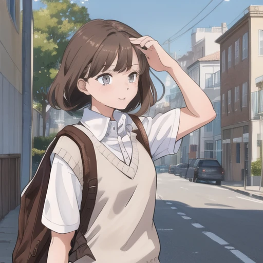 <lora:sweater-06:1>, sw34t3r, 1girl, "brown sweater", collared shirt, "white short sleeves", backpack, street