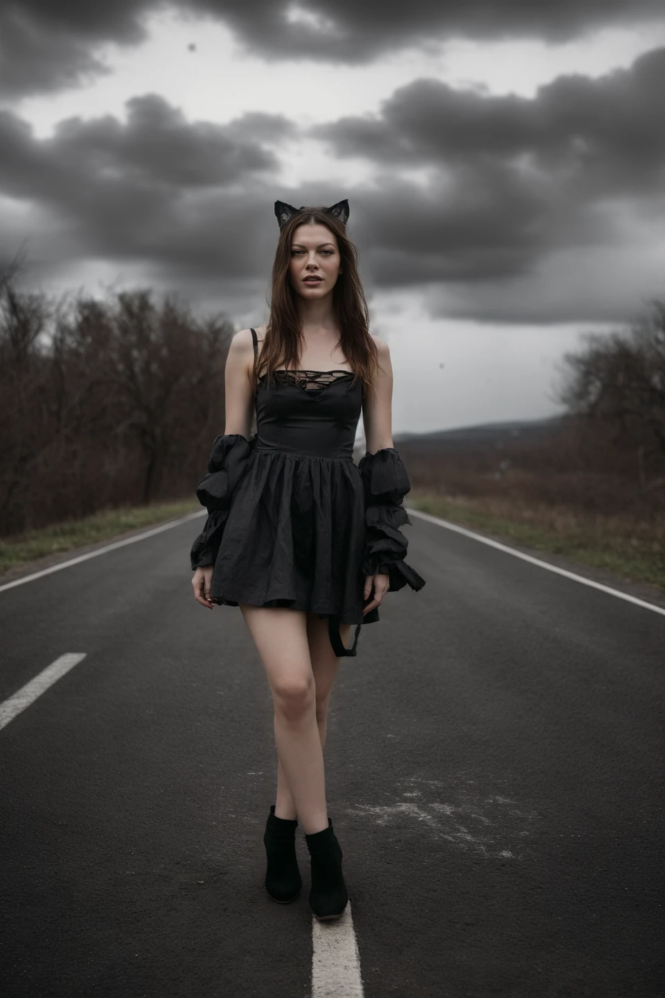 overexposed, (masterpiece, top quality, best quality, official art, beautiful and aesthetic:1.3), (1girl:1.4), fashion photography, full body,she has a cat,animal ears, black hair, black cat, make up,beautiful legs, tall woman, studio photography, photoshooting,  film grain, blurry, depth of field, rouge, black high heels, thigh gap, strong ambient light,  <lora:add_detail:0.3>  <lora:detailed_eye:1>, complex background, stuff in the background, highly detailed, (gloomy:1.3), dark, dimmed, hdr, vignette, grimy, (slate atmosphere:0.8)