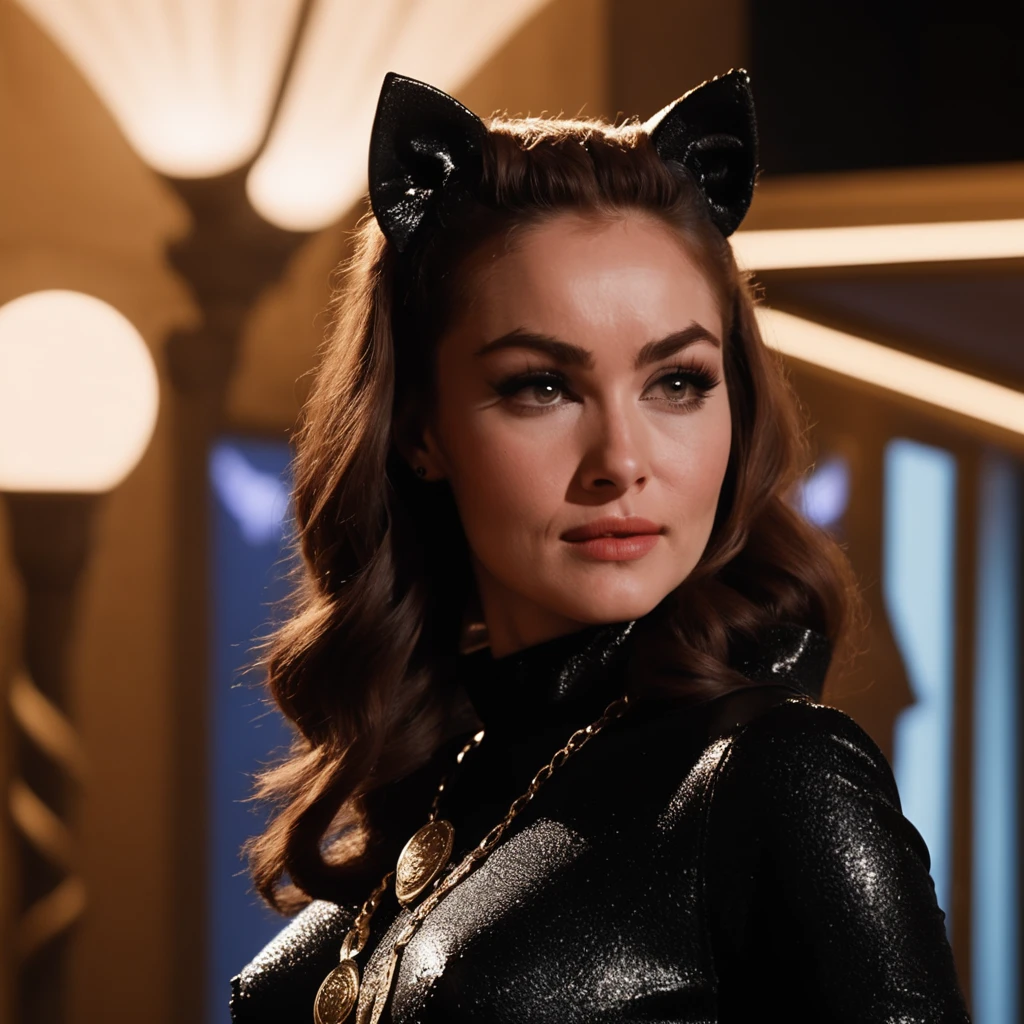 cinematic photo medium shot, from side, catwoman woman, inside a vintage museum, background of egyptian cat sculptures, nightime, high contrast . 35mm photograph, film, bokeh, professional, 4k, highly detailed <lora:catwoman12GBv2-000004:0.7>