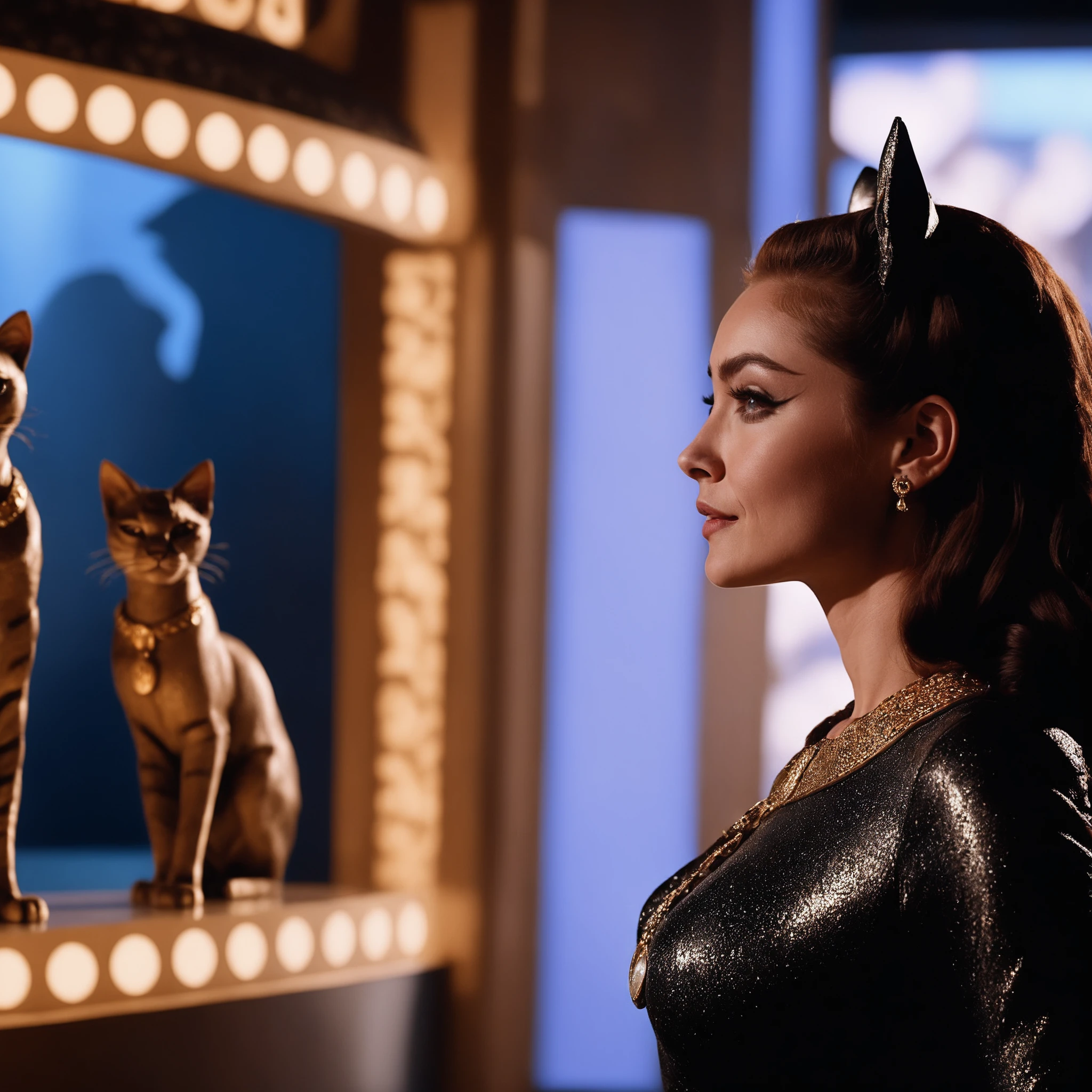 cinematic photo medium shot, from side, catwoman woman, inside a vintage museum, background of egyptian cat sculptures, nightime, high contrast . 35mm photograph, film, bokeh, professional, 4k, highly detailed <lora:catwoman12GBv2-000004:0.7>