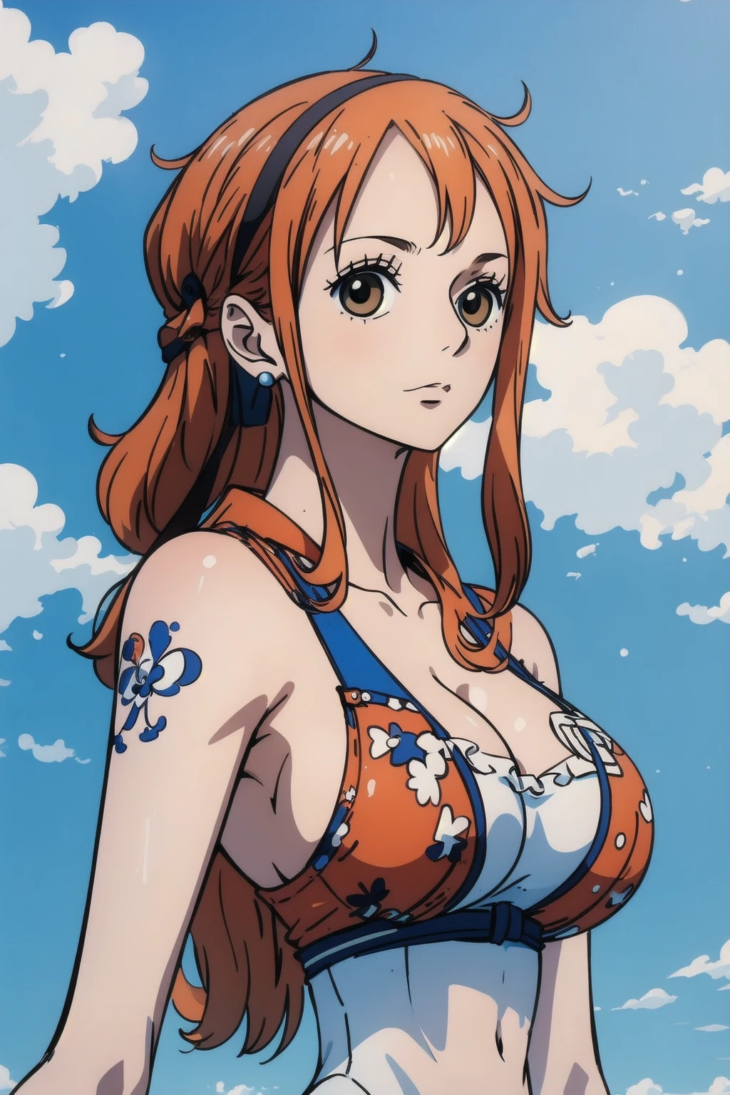 <lora:namiv2:1>masterpiece,bestquality,1girl, looking at viewer, sky