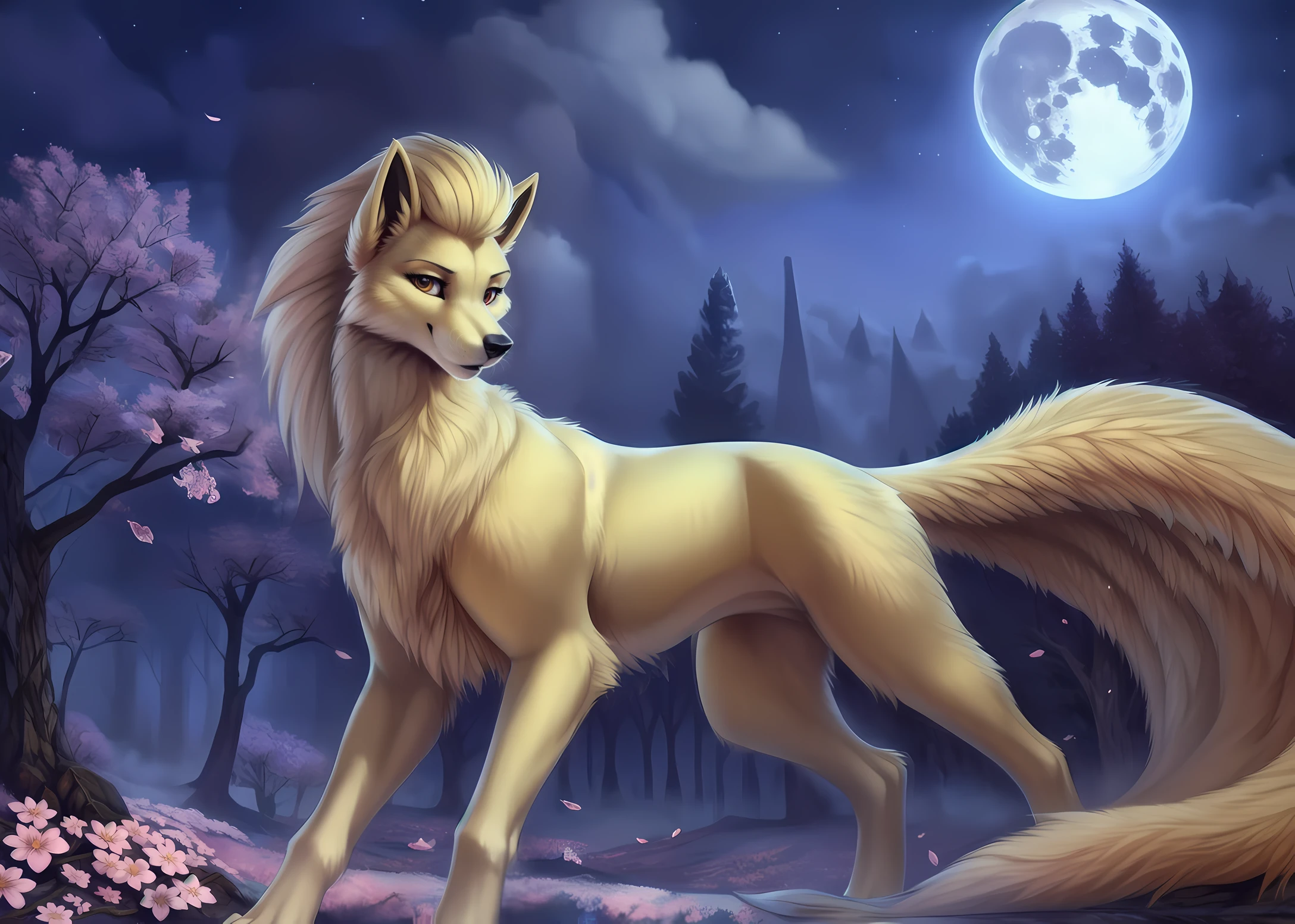 ((solo)) (feral, ninetales), female, looking at viewer, cherry blossom, night, fog, flower, multi tail, full moon,, [best quality, shaded, extreme detail, highly detailed, ultradetailed, intricate, realistic], detailed background, by Enki Bilal, by wolfy-nail, by Michael & Inessa Garmash, Ruan Jia, by drmax,