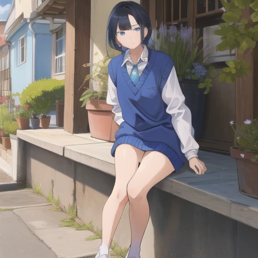 <lora:sweater-06:1>, sw34t3r, 1girl, "blue sweater", collared shirt, "white sleeves", full body