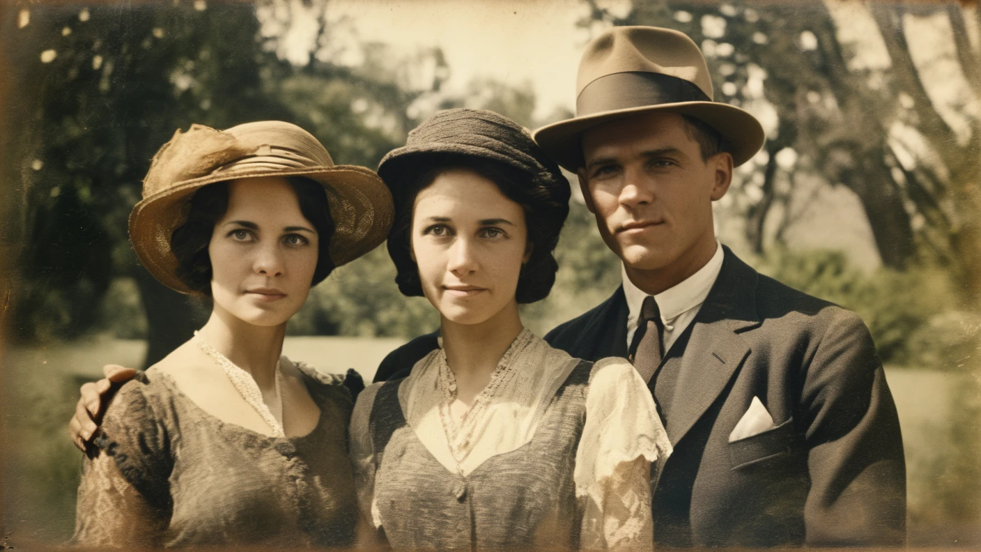 AnalogRedmAF,
Time-worn Photograph, Couple Portrait, Analog Daguerreotype, Loving Glance, Early 1900s, Diffused Lighting, Lace and Suit Texture, Garden Background, Asymmetrical Composition, Distinct Grain, Focus on Hands, Bonnie and Clyde,
, <lora:AnalogRedmond-AnalogRedmAF-Repet5-100-NewMulti-DIM128-SNR4:1>