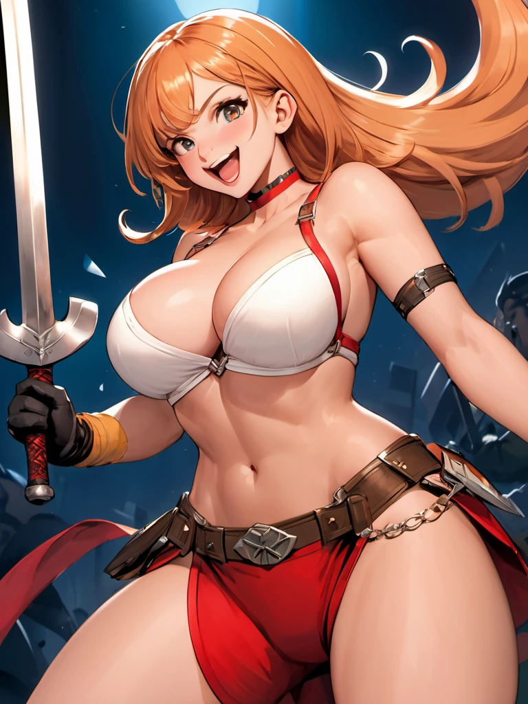 (highres:1.1), best quality, (masterpiece:1.3), beautiful lighting, intricate, (high detail:1.2), JoeMad Style, long hair, breasts, smile, open mouth, multiple girls, blonde hair, large breasts, gloves, navel, 2girls, cleavage, weapon, red hair, multiple boys, sword, gun, muscular, headband, facial hair, scar, knife, beard, freckles, mustache, axe ,Comic Book Art, <lora:Dusk_XL_JoeMadStyle_dadapt_cos_1e-7:1>