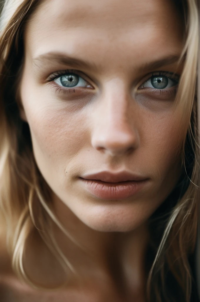 analog style, portrait photo of a beautiful swedish model , who looks at you in a Demandingly way with two beautiful green eyes She is naked and the image was taken in close-up, imperfect face, <lora:faces_v3:0.575>