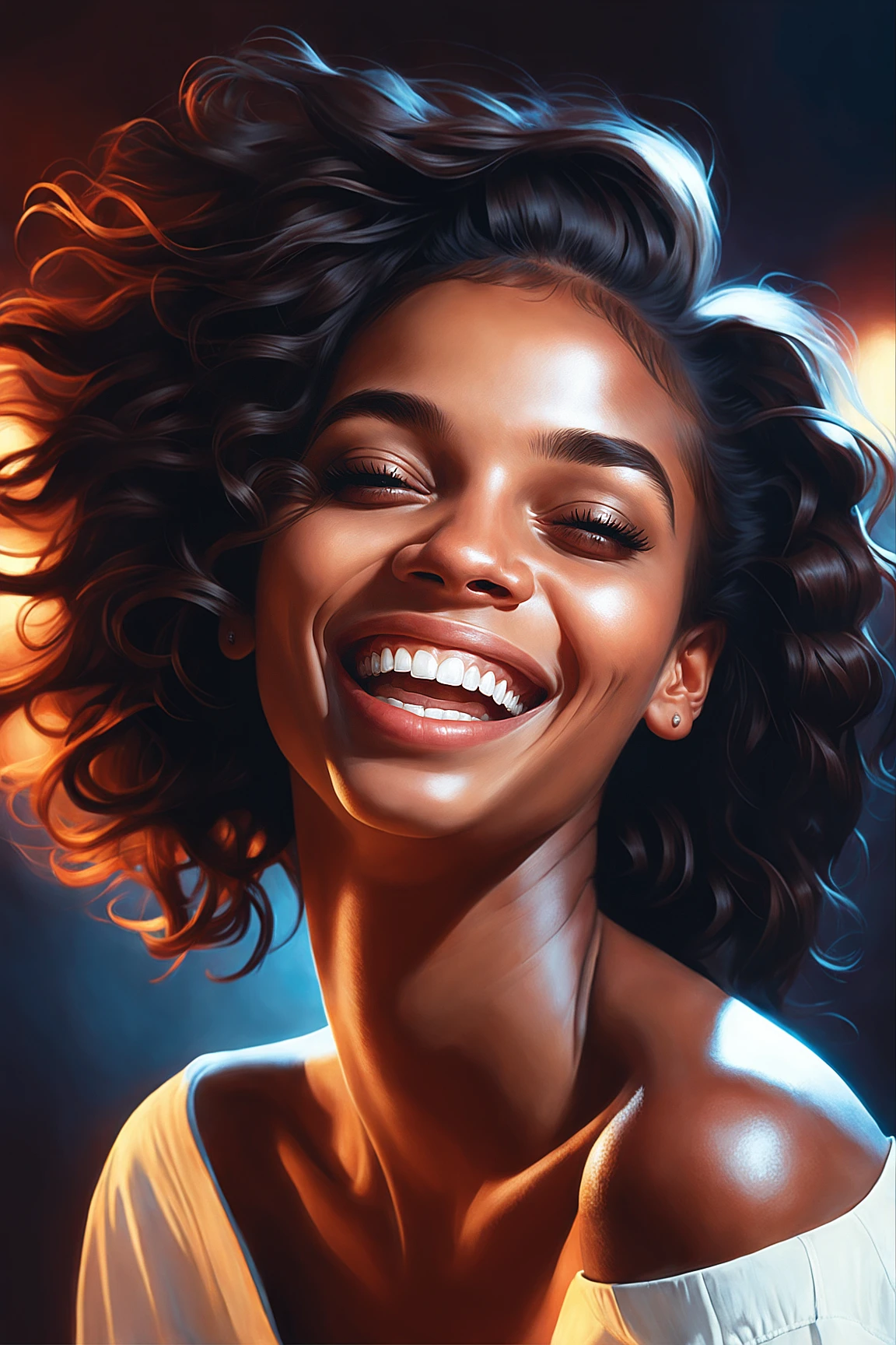 Portrait Shot, A (young beautiful dark_skinned girl:1.2) (content, laughing expression:1.3), spinning around, (realistic hair, real hair, perfect hair, photorealistic, photorealism, photo, real life, extra detail:1.2), in a dark illuminated atmosphere, face by Ilya Kuvshinov