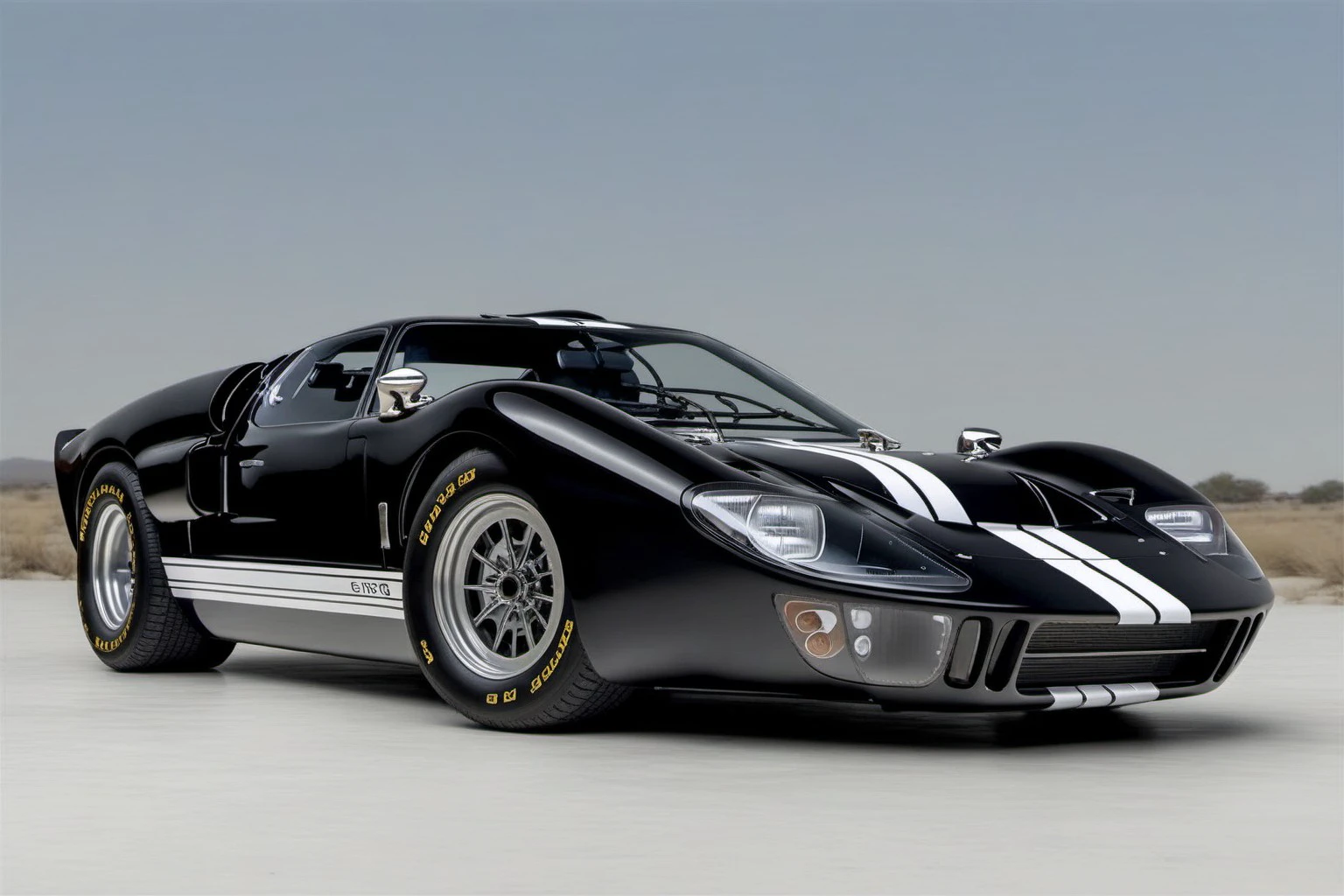 (black GT40_MKII), white rally stripes, ghost flame paint, from side, dark tinted windows, parked on a white reflective surface,
masterpiece, rule of thirds, absurdres, volumetric lighting, subsurface scattering, high detail, nature background, motion blur, full sharp, photography, trending on artstation, sharp focus, studio photo, intricate details, highly detailed, by greg rutkowski, car magazine cover, award winning photography, ford tough, RIP Carroll Shelby,
shot on a Sony A7III, 8k uhd, bokeh, dutch angle, dramatic angle, intentional camera movement, camera tricks,
<lora:GT40MKII_SDXL_v01:1>
