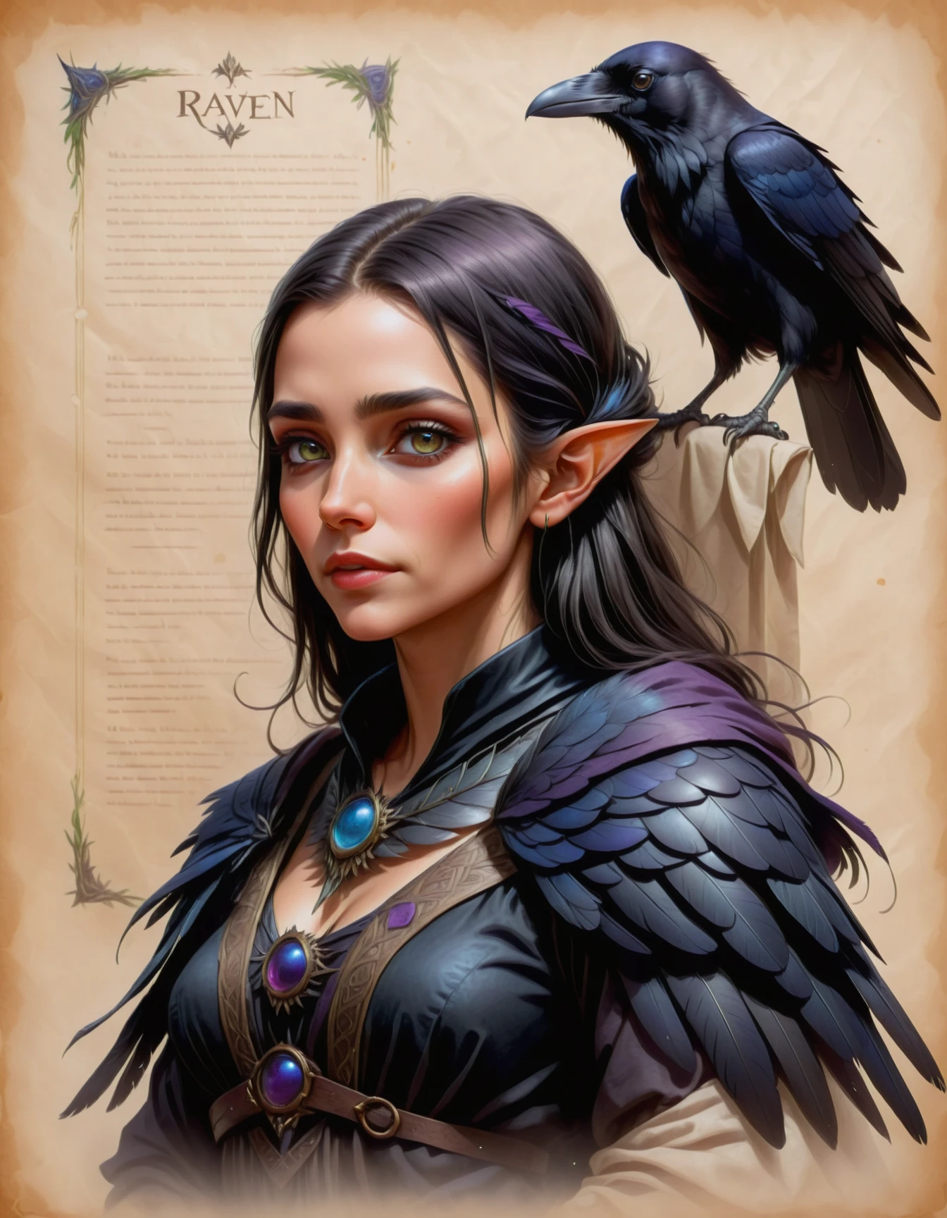 scientific illustration of a raven Kenku|Elven woman on parchment paper, fantasy, high quality